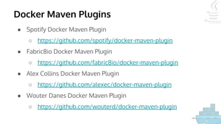 Docker Maven Plugins
● Spotify Docker Maven Plugin
○ https://github.com/spotify/docker-maven-plugin
● Fabric8io Docker Maven Plugin
○ https://github.com/fabric8io/docker-maven-plugin
● Alex Collins Docker Maven Plugin
○ https://github.com/alexec/docker-maven-plugin
● Wouter Danes Docker Maven Plugin
○ https://github.com/wouterd/docker-maven-plugin
 
