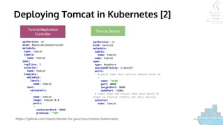 Deploying Tomcat in Kubernetes [2]
https://github.com/imesh/docker-for-java/tree/master/kubernetes
apiVersion: v1
kind: ReplicationController
metadata:
name: tomcat
labels:
name: tomcat
spec:
replicas: 1
selector:
name: tomcat
template:
metadata:
labels:
name: tomcat
spec:
containers:
-
name: tomcat
image: tomcat:8.0
ports:
-
containerPort: 8080
protocol: "TCP"
apiVersion: v1
kind: Service
metadata:
labels:
name: tomcat
name: tomcat
spec:
type: NodePort
sessionAffinity: ClientIP
ports:
# ports that this service should serve on
-
name: 'http'
port: 8080
targetPort: 8080
nodePort: 32001
# label keys and values that must match in
order to receive traffic for this service
selector:
name: tomcat
Tomcat ServiceTomcat Replication
Controller
 