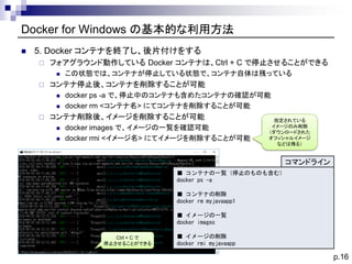 p.16
Docker for Windows の基本的な利用方法
◼ 5. Docker コンテナを終了し、後片付けをする
 フォアグラウンド動作している Docker コンテナは、Ctrl + C で停止させることができる
◼ この状態で...