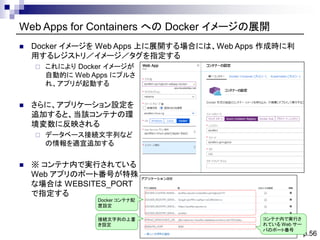 p.56
Web Apps for Containers への Docker イメージの展開
◼ Docker イメージを Web Apps 上に展開する場合には、Web Apps 作成時に利
用するレジストリ／イメージ／タグを指定する
 こ...