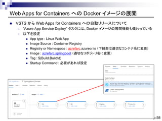 p.58
Web Apps for Containers への Docker イメージの展開
◼ VSTS から Web Apps for Containers への自動リリースについて
 "Azure App Service Deploy"...
