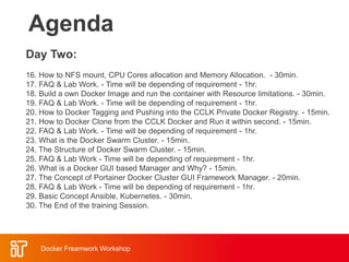 Agenda
Day Two:
16. How to NFS mount, CPU Cores allocation and Memory Allocation. - 30min.
17. FAQ & Lab Work. - Time will be depending of requirement - 1hr.
18. Build a own Docker Image and run the container with Resource limitations. - 30min.
19. FAQ & Lab Work. - Time will be depending of requirement - 1hr.
20. How to Docker Tagging and Pushing into the CCLK Private Docker Registry. - 15min.
21. How to Docker Clone from the CCLK Docker and Run it within second. - 15min.
22. FAQ & Lab Work. - Time will be depending of requirement - 1hr.
23. What is the Docker Swarm Cluster. - 15min.
24. The Structure of Docker Swarm Cluster. - 15min.
25. FAQ & Lab Work - Time will be depending of requirement - 1hr.
26. What is a Docker GUI based Manager and Why? - 15min.
27. The Concept of Portainer Docker Cluster GUI Framework Manager. - 20min.
28. FAQ & Lab Work - Time will be depending of requirement - 1hr.
29. Basic Concept Ansible, Kubernetes. - 30min.
30. The End of the training Session.
Docker Freamwork Workshop
 