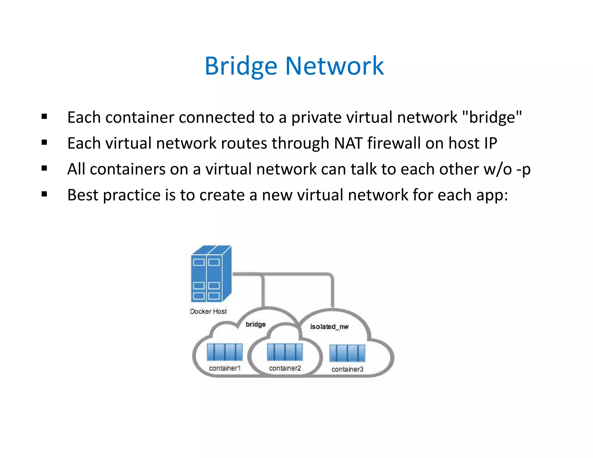 Bridge Network
 Each container connected to a private virtual network "bridge"
 Each virtual network routes through NAT firewall on host IP
 All containers on a virtual network can talk to each other w/o -p
 Best practice is to create a new virtual network for each app:
 