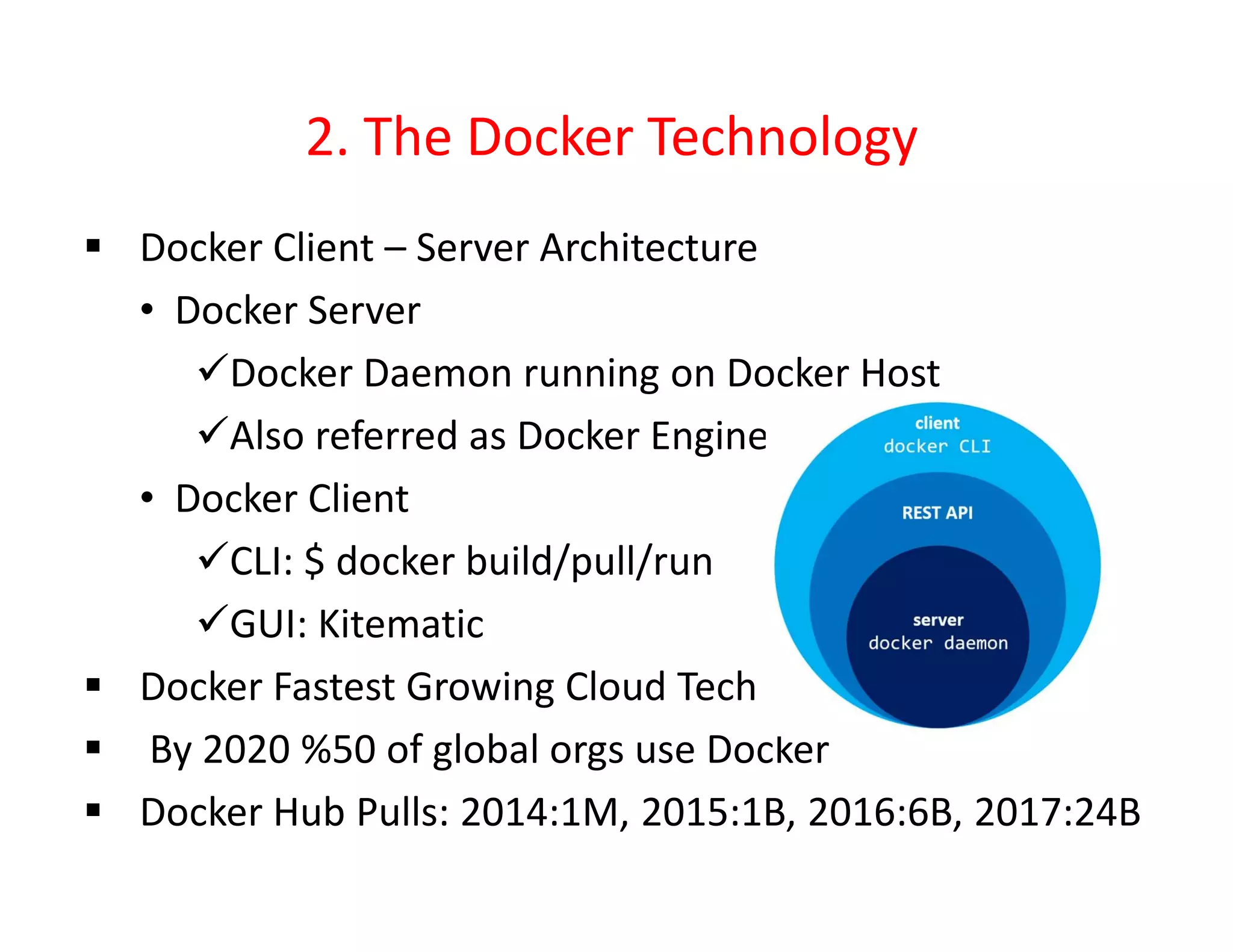 2. The Docker Technology
 Docker Client – Server Architecture
• Docker Server
Docker Daemon running on Docker Host
Also referred as Docker Engine
• Docker Client
CLI: $ docker build/pull/run
GUI: Kitematic
 Docker Fastest Growing Cloud Tech
 By 2020 %50 of global orgs use Docker
 Docker Hub Pulls: 2014:1M, 2015:1B, 2016:6B, 2017:24B
 