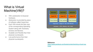 What is Virtual
Machine(VM)?
● VM is abstraction of physical
hardware.
● Abstraction is provided by piece
of software called Hypervisor.
● Each VM include the fully copy
of the corresponding Operating
System along with necessary
binaries and libraries.
● Scalable and Flexible than their
physical counterparts.
● Low performance than their
physical counterparts.
Reference:
https://www.packtpub.com/books/content/working-virtual-mac
hines
 