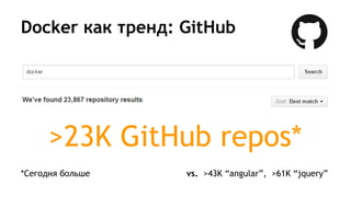 Docker как тренд: GitHub
>23K GitHub repos*
*Сегодня больше vs. >43K “angular”, >61K “jquery”
 
