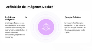 Definición de imágenes Docker
Definición de
Imágenes
Una imagen Docker es una
plantilla de solo lectura que
contiene instrucciones para
crear un contenedor. Incluye el
sistema operativo,
aplicaciones y dependencias
necesarias.
Ejemplo Práctico
La imagen oficial de nginx
ocupa solo 133 MB, mientras
que una imagen completa de
Ubuntu puede ocupar hasta
2.4 GB.
 