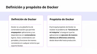 Definición y propósito de Docker
Definición de Docker
Docker es una plataforma de
contenedorización que permite
empaquetar aplicaciones y sus
dependencias en contenedores
ligeros. Estos contenedores son
portables y funcionan de manera
consistente en cualquier entorno que
soporte Docker.
Propósito de Docker
El principal propósito de Docker es
resolver el problema de "funciona en
mi máquina" al asegurar que las
aplicaciones se ejecuten de manera
idéntica en diferentes entornos,
desde desarrollo hasta producción.
 
