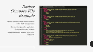 Docker
Compose File
Example
Defines the various applications contained
within the N-tier application
Configuration passed to applications
through environment variables
Defines relationships between applications
and host OS
 