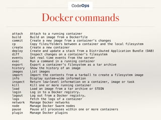 Docker commands
attach Attach to a running container
build Build an image from a Dockerfile
commit Create a new image from a container's changes
cp Copy files/folders between a container and the local filesystem
create Create a new container
deploy Create and update a stack from a Distributed Application Bundle (DAB)
diff Inspect changes on a container's filesystem
events Get real time events from the server
exec Run a command in a running container
export Export a container's filesystem as a tar archive
history Show the history of an image
images List images
import Import the contents from a tarball to create a filesystem image
info Display system-wide information
inspect Return low-level information on a container, image or task
kill Kill one or more running container
load Load an image from a tar archive or STDIN
login Log in to a Docker registry.
logout Log out from a Docker registry.
logs Fetch the logs of a container
network Manage Docker networks
node Manage Docker Swarm nodes
pause Pause all processes within one or more containers
plugin Manage Docker plugins
 