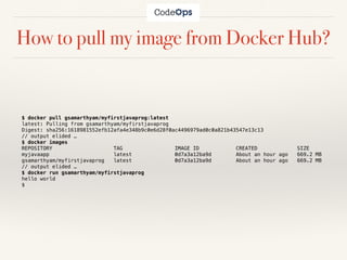 How to pull my image from Docker Hub?
$ docker pull gsamarthyam/myfirstjavaprog:latest
latest: Pulling from gsamarthyam/myfirstjavaprog
Digest: sha256:1618981552efb12afa4e348b9c0e6d28f0ac4496979ad0c0a821b43547e13c13
// output elided …
$ docker images
REPOSITORY TAG IMAGE ID CREATED SIZE
myjavaapp latest 0d7a3a12ba9d About an hour ago 669.2 MB
gsamarthyam/myfirstjavaprog latest 0d7a3a12ba9d About an hour ago 669.2 MB
// output elided …
$ docker run gsamarthyam/myfirstjavaprog
hello world
$
 