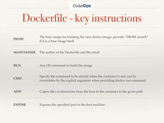 Dockerfile - key instructions
FROM
The base image for building the new docker image; provide “FROM scratch”
if it is a base image itself
MAINTAINER The author of the Dockerﬁle and the email
RUN Any OS command to build the image
CMD
Specify the command to be started when the container is run; can be
overridden by the explicit argument when providing docker run command
ADD Copies ﬁles or directories from the host to the container in the given path
EXPOSE Exposes the speciﬁed port to the host machine
 