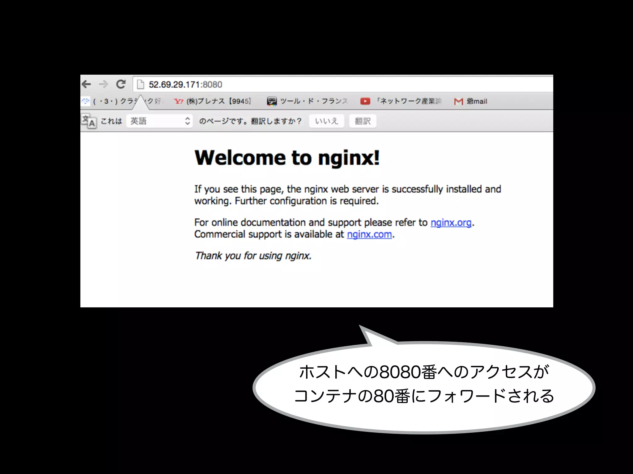 ホストへの8080番へのアクセスが
コンテナの80番にフォワードされる
 