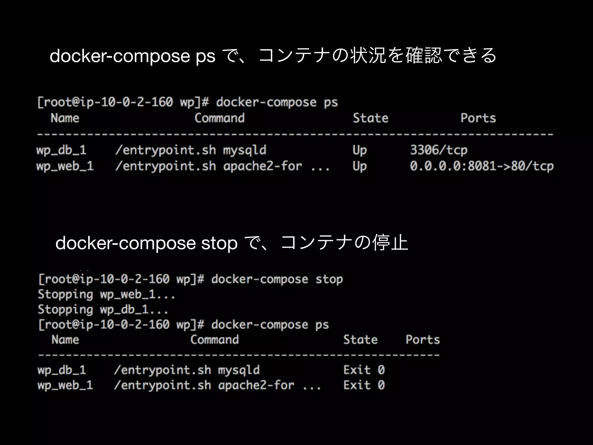 docker-compose ps で、コンテナの状況を確認できる
docker-compose stop で、コンテナの停止
 