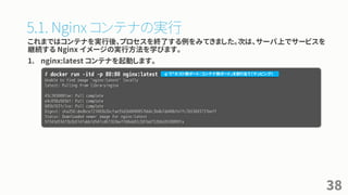 5.1. Nginx コンテナの実行
これまではコンテナを実行後、プロセスを終了する例をみてきました。次は、サーバ上でサービスを
継続する Nginx イメージの実行方法を学びます。
1. nginx:latest コンテナを起動します。
38
# docker run -itd -p 80:80 nginx:latest
Unable to find image 'nginx:latest' locally
latest: Pulling from library/nginx
43c265008fae: Pull complete
e4c030a565b1: Pull complete
685b7631c1ce: Pull complete
Digest: sha256:dedbce721065b2bcfae35d2b0690857bb6c3b4b7dd48bfe7fc7b53693731beff
Status: Downloaded newer image for nginx:latest
5f343d53473b2b5147abb7d547cd67263beff68eb02c581bd75266d26308991a
-p で「ホスト側ポート：コンテナ側ポート」を割り当て（マッピング）
 
