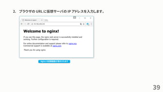 2. ブラウザの URL に仮想サーバの IP アドレスを入力します。
39
Nginx の初期画面が表示されます
 