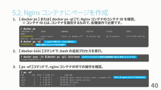 5.2. Nginx コンテナにページを作成
1. 【 docker ps 】 または【 docker ps -ql 】で、Nginx コンテナのコンテナ ID を確認。
※ コンテナ ID とは、コンテナを識別するもので、各種操作で必要です。
2. 【 docker exec 】コマンドで、bash の追加プロセスを実行。
3. 【 ps –ef 】コマンドで、nginx コンテナの中での操作を確認。
40
# docker ps
CONTAINER ID IMAGE COMMAND CREATED STATUS PORTS
NAMES
5f343d53473b nginx:latest "nginx -g 'daemon off" 16 minutes ago Up 16 minutes 0.0.0.0:80->80/tcp,
443/tcp adoring_hoover
# docker ps -ql
5f343d53473b
# docker exec -it $(docker ps -ql) /bin/bash
root@5f343d53473b:/#
# ps -ef
UID PID PPID C STIME TTY TIME CMD
root 1 0 0 06:29 ? 00:00:00 nginx: master process nginx -g daemon off;
nginx 5 1 0 06:29 ? 00:00:00 nginx: worker process
root 6 0 0 06:48 ? 00:00:00 /bin/bash
root 11 6 0 06:49 ? 00:00:00 ps -ef
直近に操作したコンテナIDのみ表示
-q (quiet＝静かな)、-l (last=直近の)
エ ク ゼ ク
PID 1 が nginx のコンテナ内と分かる
$(コマンド) はコマンド結果を変数展開＝直近に操作したコンテナID
 
