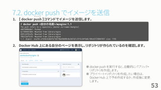 7.2. docker push でイメージを送信
1. 【 docker push 】コマンドでイメージを送信します。
2. Docker Hub 上にある自分のページを表示し、リポジトリが作られているのを確認します。
53
# docker push <自分の名前>/mynginx:1.1
The push refers to a repository [docker.io/<name>/mynginx]
e8076080e8ef: Pushed
bc1394447d64: Mounted from library/nginx
6591c6f92a7b: Mounted from library/nginx
f96222d75c55: Mounted from library/nginx
1.1: digest: sha256:a1928c62d64fb7582f8bd38d90c8e2d57d7c2515c54f5d6c109cb37238047031 size: 1155
プ ッ シ ュ
※ docker push を実行すると、自動的にパブリック・
リポジトリを作成します。
※ プライベート・リポジトリを作成したい場合は、
Docker Hub 上で予め作成するか、作成後に変更
します。
 