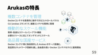 Arukasの特長
複数コンテナを管理
Dockerコンテナを直感的に操作できるコントロールパネル
CLI (arukas コマンド)で、複数コンテナを簡単に管理
機動的なスケール機能
簡単・高速なスケールイン・アウト機能
必要なリソースに応じてオンデマンドにスケール
高品質な国産サービス
Docker コンテナ用に独自設計した Arukas のサーバ設備と、
高品質なネットワーク回線を通し、自由度の高い Docker コンテナをすぐに運用開始
59
 