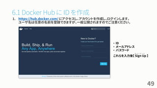 6.1 Docker Hub に ID を作成
1. https://hub.docker.com/ にアクセスし、アカウントを作成し、ログインします。
ユーザ名は任意の名前を登録できますが、一般公開されますのでご注意ください。
49
• ID...