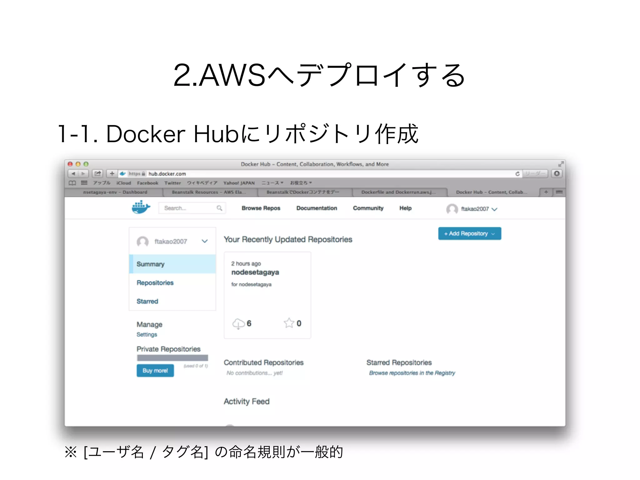 2.AWSへデプロイする
1-1. Docker Hubにリポジトリ作成
※ [ユーザ名 / タグ名] の命名規則が一般的
 