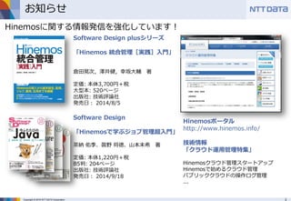 3Copyright © 2016 NTT DATA Corporation
お知らせ
Hinemosに関する情報発信を強化しています！
Software Design
「Hinemosで学ぶジョブ管理超入門」
茶納 佑季、眞野 将徳、山本未希 著
定価: 本体1,220円＋税
B5判: 204ページ
出版社: 技術評論社
発売日： 2014/9/18
Software Design plusシリーズ
「Hinemos 統合管理［実践］入門」
倉田晃次，澤井健，幸坂大輔 著
定価: 本体3,700円＋税
大型本: 520ページ
出版社: 技術評論社
発売日： 2014/8/5
Hinemosポータル
http://www.hinemos.info/
技術情報
「クラウド運用管理特集」
Hinemosクラウド管理スタートアップ
Hinemosで始めるクラウド管理
パブリッククラウドの操作ログ管理
...
 