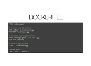 DOCKERFILE
FROM node:argon
# Create app directory
RUN mkdir -p /usr/src/app
WORKDIR /usr/src/app
# Install app dependencies
COPY package.json /usr/src/app/
RUN npm install
# Bundle app source
COPY . /usr/src/app
EXPOSE 8080
CMD ["npm", "start"]
 
