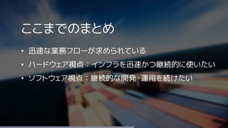 ここまでのまとめ
• 迅速な業務フローが求められている
• ハードウェア視点：インフラを迅速かつ継続的に使いたい
• ソフトウェア視点：継続的な開発・運用を続けたい
 
