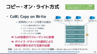 73
コピー・オン・ライト方式
‣ CoW; Copy on Write
• 効率的にイメージを使う仕組み
1. ファイル更新が発生する（初回）
2. イメージからコンテナ用領域に
ファイルをコピーする
3. コピーしたファイルを編集
CoW処理がパフォーマンスに影響
デバイス・ドライバの選択により
挙動が異なるので注意が必要
なぜならDockerはイメージ管理
に独特の処理を行っているため。
詳細：イメージ、コンテナ、ストレージ・ドライバの理解 — Docker-docs-ja 1.10.0b ドキュメント
http://docs.docker.jp/engine/userguide/storagedriver/imagesandcontainers.html
 