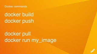 Docker commands
docker build
docker push
docker pull
docker run my_image
 