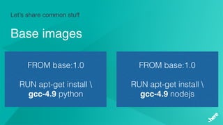 Let’s share common stuff
Base images
FROM base:1.0
RUN apt-get install 
gcc-4.9 python
FROM base:1.0
RUN apt-get install 
gcc-4.9 nodejs
 