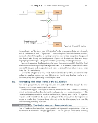 201
TECHNIQUE 70 The Docker contract: Reducing friction
In this chapter we’ll refer to your “CD pipeline”—the process your build goes through
after it comes out of your “CI pipeline.” The dividing line can sometimes be blurred,
but think of the CD pipeline as starting when you have a final image that has passed
your initial tests during the build process. Figure 9.1 demonstrates how the image
might progress through a CD pipeline until it (hopefully) reaches production.
It’s worth repeating that last point—the image that comes out of CI should be final
and unmodified throughout your CD process! Docker makes this easy to enforce with
immutable images and encapsulation of state, so using Docker takes you one step
down the CD road already.
When this chapter is done, you’ll fully understand why Docker’s immutability
makes it a perfect partner for your CD strategy. In this way, Docker can be a key
enabler for any DevOps strategy in any organization.
9.1 Interacting with other teams in the CD pipeline
First we’re going to take a little step back and look at how Docker changes the rela-
tionship between development and operations.
Some of the biggest challenges in software development aren’t technical—splitting
people up into teams based on their roles and expertise is a common practice, yet this
can result in communication barriers and insularity. Having a successful CD pipeline
requires involvement from the teams at all stages of the process, from development to
testing to production. Having a single reference point for all teams can help ease this
interaction by providing structure.
TECHNIQUE 70 The Docker contract: Reducing friction
One of Docker’s aims is to allow easy expression of inputs and outputs as they relate to
a container that contains a single application. This can provide clarity when working
CI Image
Test pass
Test fail
Stage
Pre-prod
Prod
Image progress only
as far as tests pass
Figure 9.1 A typical CD pipeline
 