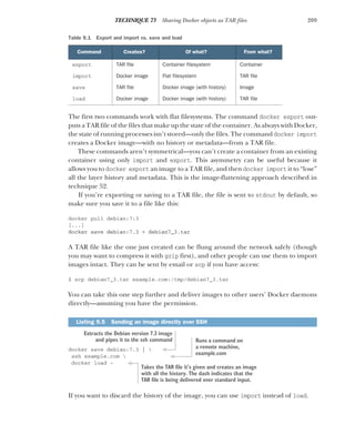 209
TECHNIQUE 73 Sharing Docker objects as TAR files
The first two commands work with flat filesystems. The command docker export out-
puts a TAR file of the files that make up the state of the container. As always with Docker,
the state of running processes isn’t stored—only the files. The command docker import
creates a Docker image—with no history or metadata—from a TAR file.
These commands aren’t symmetrical—you can’t create a container from an existing
container using only import and export. This asymmetry can be useful because it
allows you to docker export an image to a TAR file, and then docker import it to “lose”
all the layer history and metadata. This is the image-flattening approach described in
technique 52.
If you’re exporting or saving to a TAR file, the file is sent to stdout by default, so
make sure you save it to a file like this:
docker pull debian:7:3
[...]
docker save debian:7.3 > debian7_3.tar
A TAR file like the one just created can be flung around the network safely (though
you may want to compress it with gzip first), and other people can use them to import
images intact. They can be sent by email or scp if you have access:
$ scp debian7_3.tar example.com:/tmp/debian7_3.tar
You can take this one step further and deliver images to other users’ Docker daemons
directly—assuming you have the permission.
docker save debian:7.3 | 
ssh example.com 
docker load -
If you want to discard the history of the image, you can use import instead of load.
Table 9.1 Export and import vs. save and load
Command Creates? Of what? From what?
export TAR file Container filesystem Container
import Docker image Flat filesystem TAR file
save TAR file Docker image (with history) Image
load Docker image Docker image (with history) TAR file
Listing 9.5 Sending an image directly over SSH
Extracts the Debian version 7.3 image
and pipes it to the ssh command Runs a command on
a remote machine,
example.com
Takes the TAR file it’s given and creates an image
with all the history. The dash indicates that the
TAR file is being delivered over standard input.
 