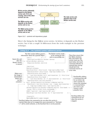 255
TECHNIQUE 83 Orchestrating the startup of your host’s containers
Here’s the listing for the SQLite server service. As before, it depends on the Docker
service, but it has a couple of differences from the to-do example in the previous
technique.
[Unit]
Description=SQLite Docker Server
After=docker.service
Requires=docker.service
[Service]
Restart=always
ExecStartPre=-/bin/touch /tmp/sqlitedbs/test
ExecStartPre=-/bin/touch /tmp/sqlitedbs/live
ExecStartPre=/bin/bash 
-c '/usr/bin/docker kill sqliteserver || /bin/true'
ExecStartPre=/bin/bash 
-c '/usr/bin/docker rm -f sqliteserver || /bin/true'
ExecStartPre=/usr/bin/docker 
pull dockerinpractice/docker-compose-sqlite
ExecStart=/usr/bin/docker run --name sqliteserver 
-v /tmp/sqlitedbs/test:/opt/sqlite/db 
dockerinpractice/docker-compose-sqlite /bin/bash -c 
'socat TCP-L:12345,fork,reuseaddr 
EXEC:"sqlite3 /opt/sqlite/db",pty'
ExecStop=/usr/bin/docker rm -f sqliteserver
[Install]
WantedBy=multi-user.target
Listing 11.3 /etc/systemd/system/sqliteserver.service
Docker
service unit
SQLite server
service unit
Todo
service unit
SQLite proxy
service unit
All the services ultimately
depend on the Docker
service unit. If it’s not
running, none of the other
services can run.
The SQLite service unit
depends on the Docker
service unit to run.
The todo service unit
depends only on the
Docker service unit.
The SQLite proxy service
depends on the SQLite
service unit to run.
Figure 11.2 systemd unit dependency graph
The Unit section defines generic
information about the systemd object.
Starts this unit
after the
Docker service
is started
The Docker service needs
to be running for this
unit to successfully run.
These lines ensure that
the SQLite database
files exist before the
service starts up. The
dash before the touch
command indicates to
systemd that startup
should fail if the
command returns an
error code.
ExecStartPre defines
a command that will
be run before the
unit is started. To
ensure the container
is removed before
you start it, you
remove it with
prejudice here.
Makes sure
the image is
downloaded
before you
run the
container
ExecStart defines the command to be run when the service is
started. Note that we’ve wrapped the socat command in a “/bin/bash
-c” call to avoid confusion, as the ExecStart line is run by systemd.
ExecStop defines the
command to be run
when the service is
stopped.
 