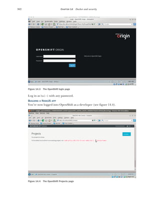 362 CHAPTER 14 Docker and security
Log in as hal-1 with any password.
BUILDING A NODEJS APP
You’re now logged into OpenShift as a developer (see figure 14.4).
Figure 14.3 The OpenShift login page
Figure 14.4 The OpenShift Projects page
 