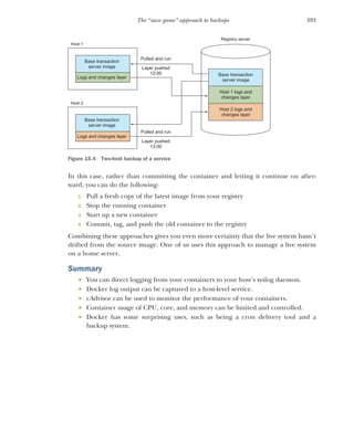 393
The “save game” approach to backups
In this case, rather than committing the container and letting it continue on after-
ward, you can do the following:
1 Pull a fresh copy of the latest image from your registry
2 Stop the running container
3 Start up a new container
4 Commit, tag, and push the old container to the registry
Combining these approaches gives you even more certainty that the live system hasn’t
drifted from the source image. One of us uses this approach to manage a live system
on a home server.
Summary
 You can direct logging from your containers to your host’s syslog daemon.
 Docker log output can be captured to a host-level service.
 cAdvisor can be used to monitor the performance of your containers.
 Container usage of CPU, core, and memory can be limited and controlled.
 Docker has some surprising uses, such as being a cron delivery tool and a
backup system.
Figure 15.4 Two-host backup of a service
Host 1
Registry server
Host 2
Base transaction
server image
Base transaction
server image
Host 1 logs and
changes layer
Host 2 logs and
changes layer
Logs and changes layer
Layer pushed
12:00
Layer pushed
13:00
Pulled and run
Pulled and run
Base transaction
server image
Logs and changes layer
 