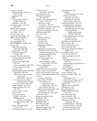 INDEX
432
saving (continued)
sharing images on Docker
Hub 65–66
tagging 62–65
scaling
CI with Jenkins Swarm
plugin 192–195
containers 282–283
scanning images 315–317,
341–342
SCMP_ACT_ALLOW
action 354–355
SCP utility 349
scratch image 49
scratch pseudo-image 133
SDNs (software-defined
networks) 325
seccomp profile 351
SECCOMPFILE variable 354
secrets 319
added during builds,
removing 356–360
images with 357–358
squashing images to
remove 358
security 309, 315–321, 346
accessing Docker 336–337
audit 319–320
constraining capabilities
337–341
Linux capabilities 338–340
Unix trust model 338
forensics 321
from outside Docker 350–375
OpenShift 360–368
reducing container attack
surface with
DockerSlim 350–356
removing secrets added
during builds 356–360
security options 368–375
image integrity 317–318
image scanning 315–317,
341–342
runtime control 320
secrets 319
securing access to
Docker 343–350
HTTP auth on
instances 343–346
securing Docker APIs 346–
350
stance of organization
on 312–313
third-party images 318–319
security context
constraints 290–291
sed command 142
Selenium framework
180, 183–185
SELinux (Security-Enhanced
Linux) 109, 337
interference with
containers 406–407
on Vagrant machine 369–370
patching violations 374
policies, compiling 371–373
SELinux ShutIt 370
server key 347
servers
building 186–187
external 414
running 187
setting up 348
setting up certificates
347–348
upgrading containerized
Jenkins servers 195–199
automating upgrades 198
database upgrades 199
Dockerfile 196
jenkins_updater.sh
196–197
jenkins-updater image
invocation 197–198
service configuration,
Consul 264
service discovery, Consul 264
service entries, Consul 272
service monitoring, Consul 264
service --status-all command 420
services
accessing 293–294
discovering 263–274
automatic service
registration with
Registrator 271–274
with Consul 264–271
registering automatically with
Registrator 271–274
restarting Docker with 420
services key 224
sestatus command 369
SETFCAP 339
SETGID 291, 339
SETPCAP 339
SETUID 291, 339
shares, CPU 385
shipping images 321–324
ShutIt, installing 370
simulating networks
container
communication 221–229
Docker and virtual
networks 237–244
with Blockade 233–237
with Comcast 230–233
single-host Docker 251–257
managing host containers
with systemd 251–254
installing systemd 251–252
setting up Docker
applications under
systemd 252–254
orchestrating startup of host
containers with
systemd 254–257
SkyDNS tool 263–264, 271
slaves, Mesos 298
sleep 5 commands 234
slow command 236
Smack Linux Security Module
(SLM) 339
snowflake systems 155
socat 28–31, 227, 415
socket method, Unix 343
software
development lifecycle of
323–324
documenting dependencies 8
packaging 7
prototyping 7
software-defined networks
(SDNs) 325
source attribute 153
Source to Image (S2I) 361
sources
committing 172
committing changes to 173
pushing changes to 173
Spotify 257
SQLite servers 225–229
Squid proxy 176
ssh command 415
SSHFS (SSH Filesystem)
116–118
start command 106
stop command 106
strace command 408, 416
substrate networks,
setting up 241–244
installing Weave 242–243
setting up Weave 243–244
testing connections 244
sudo command 225, 343
 