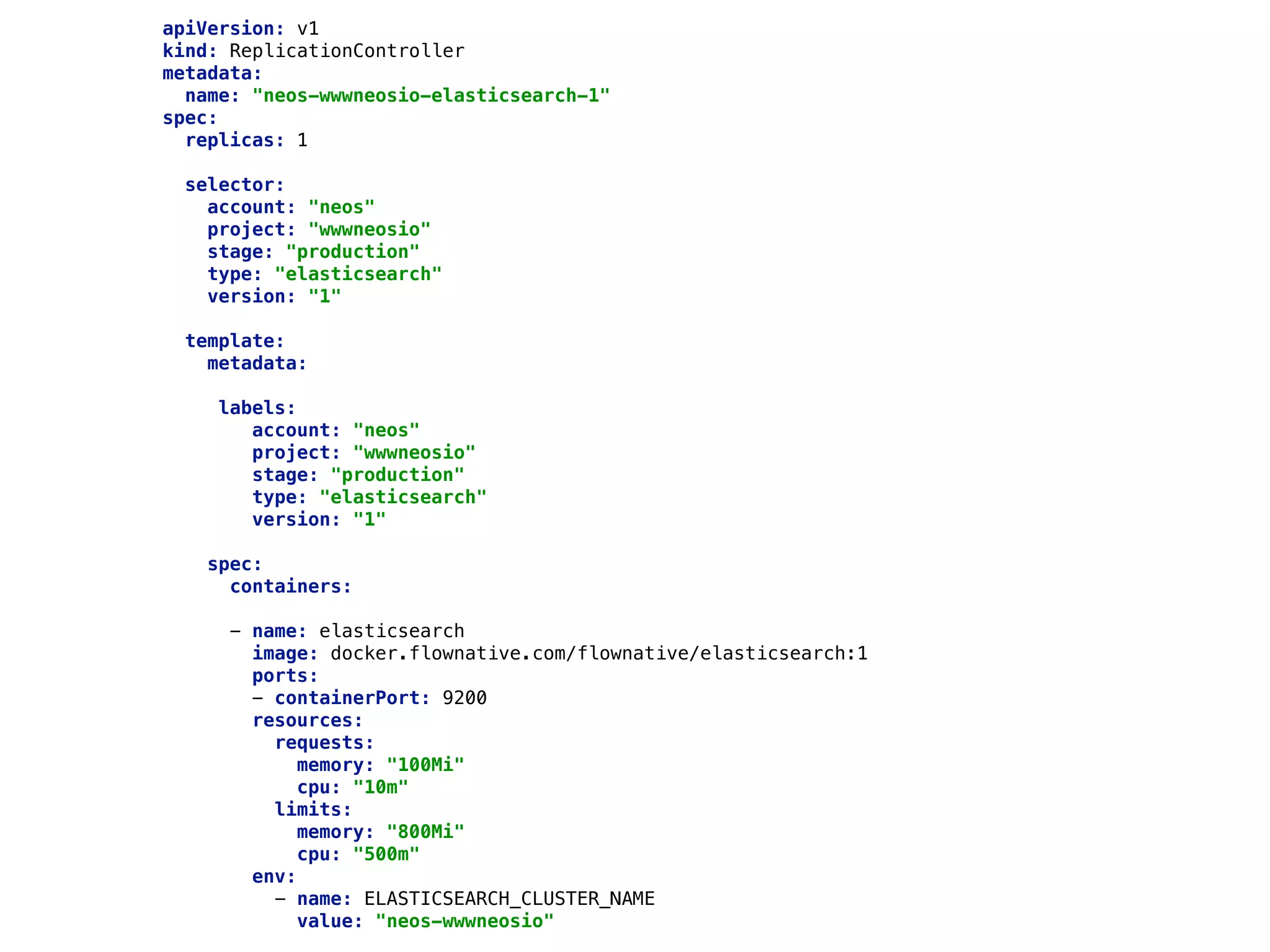 apiVersion: v1 
kind: ReplicationController 
metadata: 
name: "neos-wwwneosio-elasticsearch-1" 
spec: 
replicas: 1 
 
selector: 
account: "neos" 
project: "wwwneosio" 
stage: "production" 
type: "elasticsearch" 
version: "1" 
 
template: 
metadata: 
 
labels: 
account: "neos" 
project: "wwwneosio" 
stage: "production" 
type: "elasticsearch" 
version: "1" 
 
spec: 
containers: 
 
- name: elasticsearch 
image: docker.flownative.com/flownative/elasticsearch:1 
ports: 
- containerPort: 9200 
resources: 
requests: 
memory: "100Mi" 
cpu: "10m" 
limits: 
memory: "800Mi" 
cpu: "500m" 
env: 
- name: ELASTICSEARCH_CLUSTER_NAME 
value: "neos-wwwneosio" 
 