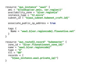 resource "aws_instance" "www1" { 
ami = "${lookup(var.amis, var.region)}" 
availability_zone = "${var.region}a" 
instance_type = "t2.micro" 
subnet_id = "${aws_subnet.kubenet_craft.id}" 
associate_public_ip_address = true 
 
tags { 
Name = "www1.${var.regioncode}.flownative.net" 
} 
} 
 
resource "aws_route53_record" "kubemaster" { 
zone_id = "${var.flownativenet_zone_id}" 
name = "www1.${var.regioncode}" 
type = "A" 
ttl = "60" 
records = [ 
"${aws_instance.www1.private_ip}"] 
} 
 