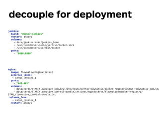 decouple for deployment
nginx: 
image: flownative/nginx:latest 
external_links: 
- cargo_jenkins_1 
ports: 
- "443:443" 
volumes: 
- data/certs/STAR_flownative_com.key:/etc/nginx/certs/flownative/docker-registry/STAR_flownative_com.key
- data/certs/STAR_flownative_com-ssl-bundle.crt:/etc/nginx/certs/flownative/docker-registry/
STAR_flownative_com-ssl-bundle.crt 
volumes_from: 
- cargo_jenkins_1 
restart: always 
jenkins: 
build: "docker-jenkins" 
restart: always 
volumes: 
- data/jenkins:/var/jenkins_home 
- /var/run/docker.sock:/var/run/docker.sock 
- /usr/bin/docker:/usr/bin/docker 
ports: 
- "8080:8080" 
 
