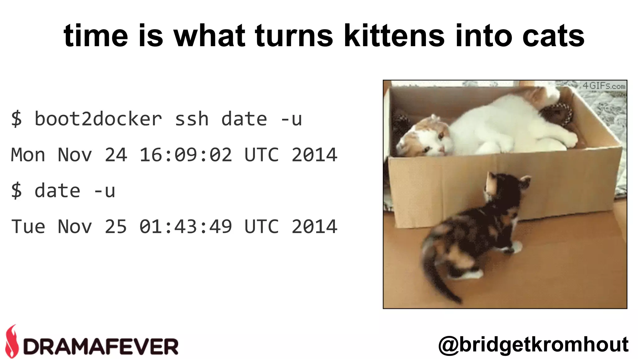 $ boot2docker ssh date -u
Mon Nov 24 16:09:02 UTC 2014
$ date -u
Tue Nov 25 01:43:49 UTC 2014
@bridgetkromhout
time is what turns kittens into cats
 