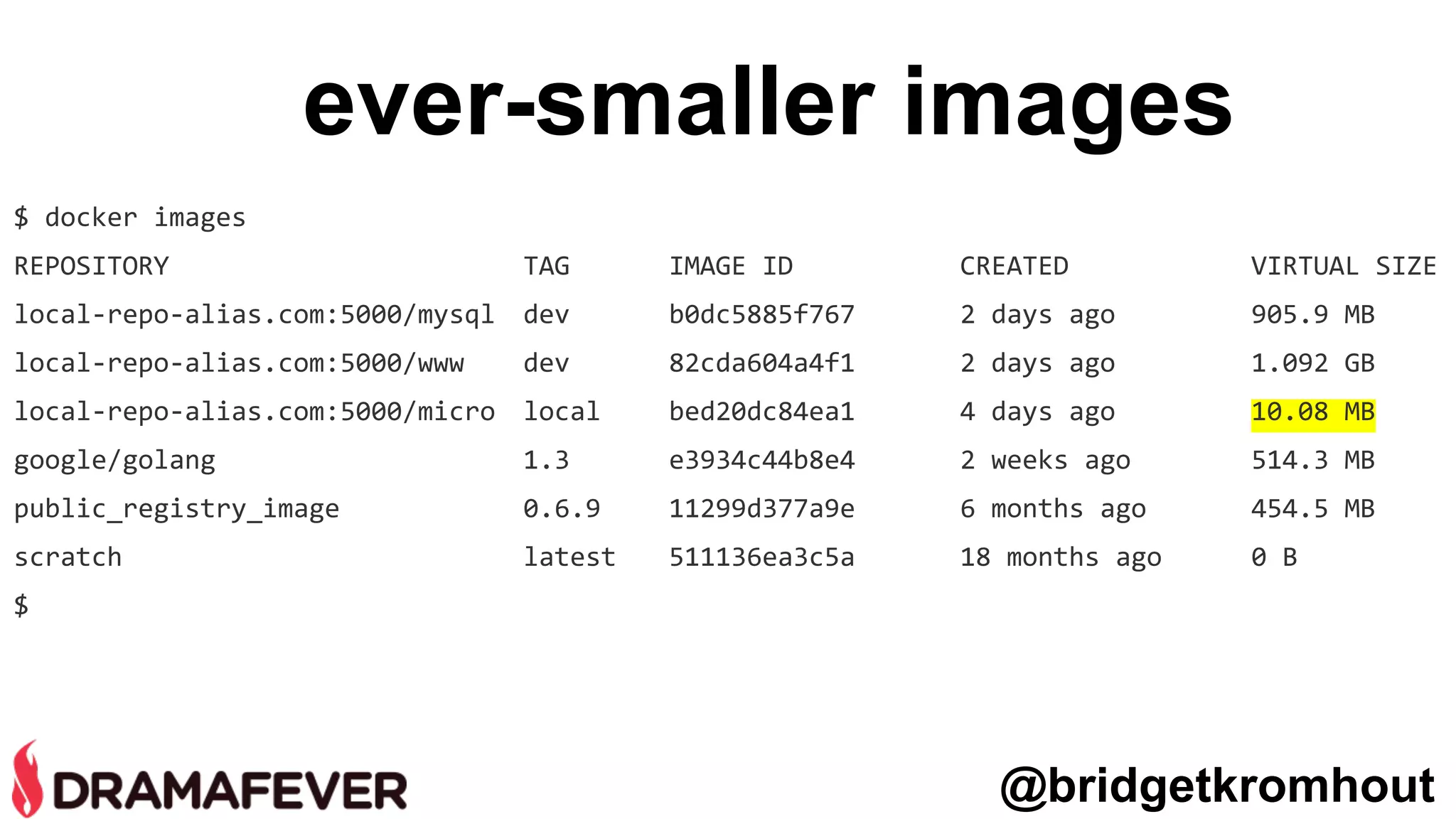 $ docker images
REPOSITORY TAG IMAGE ID CREATED VIRTUAL SIZE
local-repo-alias.com:5000/mysql dev b0dc5885f767 2 days ago 905.9 MB
local-repo-alias.com:5000/www dev 82cda604a4f1 2 days ago 1.092 GB
local-repo-alias.com:5000/micro local bed20dc84ea1 4 days ago 10.08 MB
google/golang 1.3 e3934c44b8e4 2 weeks ago 514.3 MB
public_registry_image 0.6.9 11299d377a9e 6 months ago 454.5 MB
scratch latest 511136ea3c5a 18 months ago 0 B
$
ever-smaller images
@bridgetkromhout
 