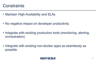 • Maintain High Availability and SLAs
• No negative impact on developer productivity
• Integrate with existing production tools (monitoring, alerting,
orchestration)
• Integrate with existing non-docker apps as seamlessly as
possible
Constraints
17
 