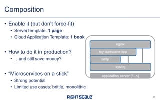 • Enable it (but don’t force-fit)
• ServerTemplate: 1 page
• Cloud Application Template: 1 book
• How to do it in production?
• …and still save money?
• “Microservices on a stick”
• Strong potential
• Limited use cases: brittle, monolithic
Composition
37
syslog
smtp
my-awesome-app
nginx
application server (1..n)
 