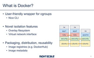 • User-friendly wrapper for cgroups
• Nice CLI
• Novel isolation features
• Overlay filesystem
• Virtual network interface
• Packaging, distribution, reusability
• Image registries (e.g. DockerHub)
• Image metadata
What is Docker?
5
ubuntu ubuntu ubuntu
security security security
ruby ruby apache
app1 app2 rw
rw rw
 