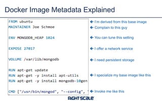 Docker Image Metadata Explained
7
 Complain to this guy
 You can tune this setting
 I offer a network service
 I need persistent storage
 I specialize my base image like this
 Invoke me like this
 I’m derived from this base image
 