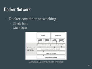 Docker Network
- Docker container networking
- Single-host
- Multi-host
43
The local Docker network topology
 