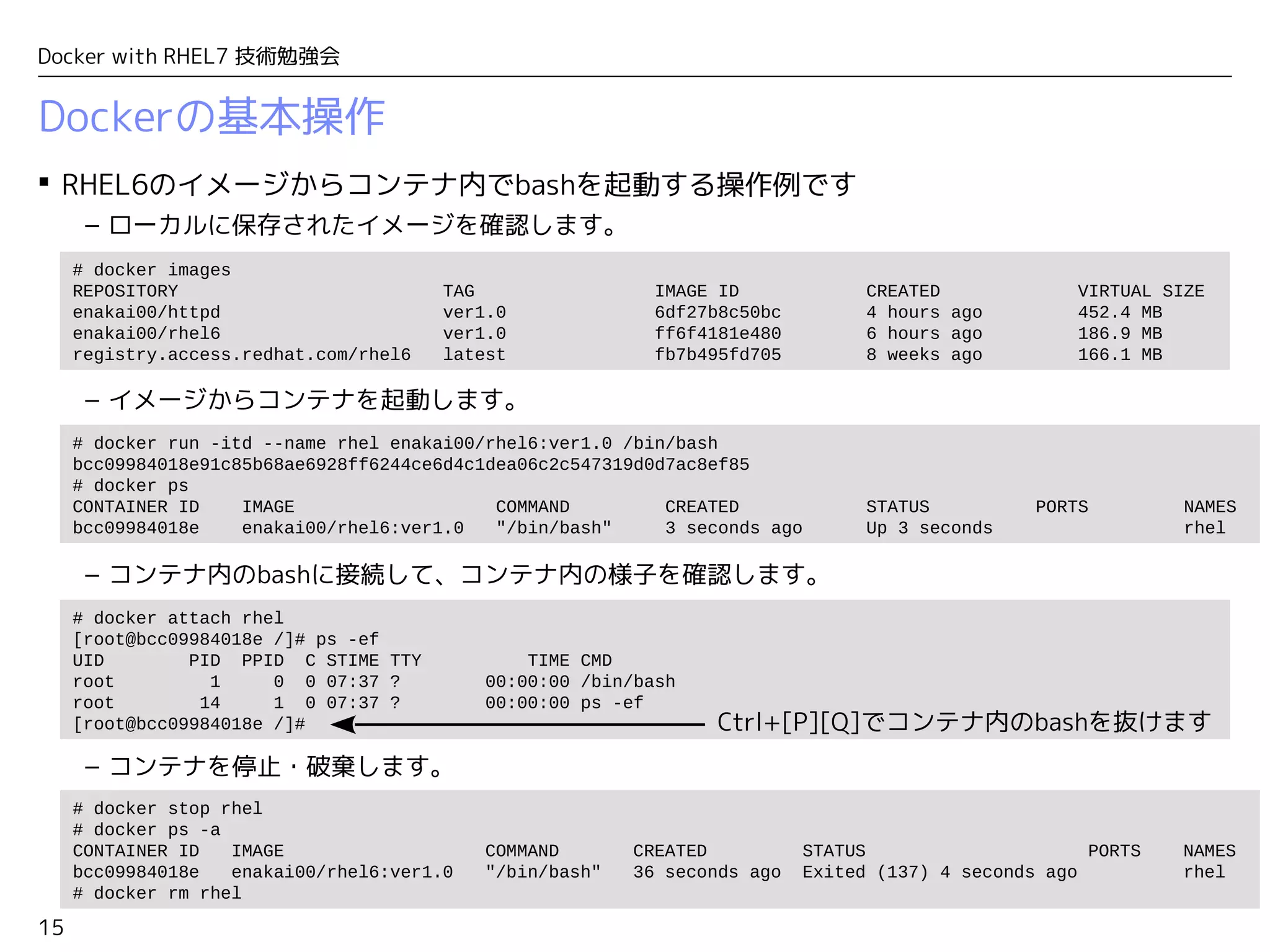 15
Docker with RHEL7 技術勉強会
Dockerの基本操作
 RHEL6のイメージからコンテナ内でbashを起動する操作例です
– ローカルに保存されたイメージを確認します。
– イメージからコンテナを起動します。
– コンテナ内のbashに接続して、コンテナ内の様子を確認します。
– コンテナを停止・破棄します。
# docker images
REPOSITORY TAG IMAGE ID CREATED VIRTUAL SIZE
enakai00/httpd ver1.0 6df27b8c50bc 4 hours ago 452.4 MB
enakai00/rhel6 ver1.0 ff6f4181e480 6 hours ago 186.9 MB
registry.access.redhat.com/rhel6 latest fb7b495fd705 8 weeks ago 166.1 MB
# docker run -itd --name rhel enakai00/rhel6:ver1.0 /bin/bash
bcc09984018e91c85b68ae6928ff6244ce6d4c1dea06c2c547319d0d7ac8ef85
# docker ps
CONTAINER ID IMAGE COMMAND CREATED STATUS PORTS NAMES
bcc09984018e enakai00/rhel6:ver1.0 "/bin/bash" 3 seconds ago Up 3 seconds rhel
# docker attach rhel
[root@bcc09984018e /]# ps -ef
UID PID PPID C STIME TTY TIME CMD
root 1 0 0 07:37 ? 00:00:00 /bin/bash
root 14 1 0 07:37 ? 00:00:00 ps -ef
[root@bcc09984018e /]#
# docker stop rhel
# docker ps -a
CONTAINER ID IMAGE COMMAND CREATED STATUS PORTS NAMES
bcc09984018e enakai00/rhel6:ver1.0 "/bin/bash" 36 seconds ago Exited (137) 4 seconds ago rhel
# docker rm rhel
Ctrl+[P][Q]でコンテナ内のbashを抜けます
 