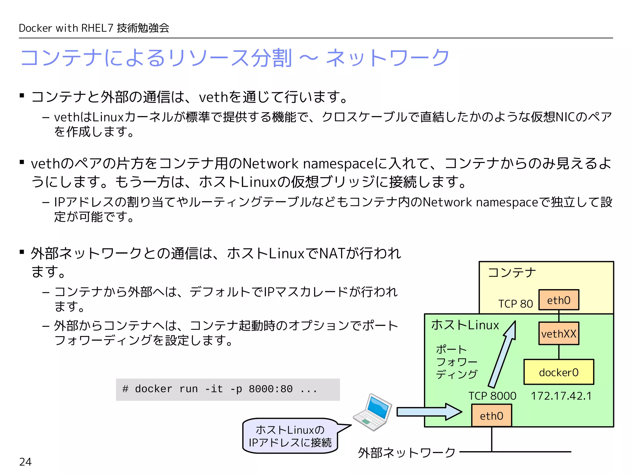 24
Docker with RHEL7 技術勉強会
コンテナによるリソース分割 〜 ネットワーク
 コンテナと外部の通信は、vethを通じて行います。
– vethはLinuxカーネルが標準で提供する機能で、クロスケーブルで直結したかのような仮想NICのペア
を作成します。
 vethのペアの片方をコンテナ用のNetwork namespaceに入れて、コンテナからのみ見えるよ
うにします。もう一方は、ホストLinuxの仮想ブリッジに接続します。
– IPアドレスの割り当てやルーティングテーブルなどもコンテナ内のNetwork namespaceで独立して設
定が可能です。
 外部ネットワークとの通信は、ホストLinuxでNATが行われ
ます。
– コンテナから外部へは、デフォルトでIPマスカレードが行われ
ます。
– 外部からコンテナへは、コンテナ起動時のオプションでポート
フォワーディングを設定します。
コンテナ
ホストLinux
vethXX
eth0
docker0
eth0
外部ネットワーク
172.17.42.1
# docker run -it -p 8000:80 ...
ホストLinuxの
IPアドレスに接続
TCP 8000
TCP 80
ポート
フォワー
ディング
 