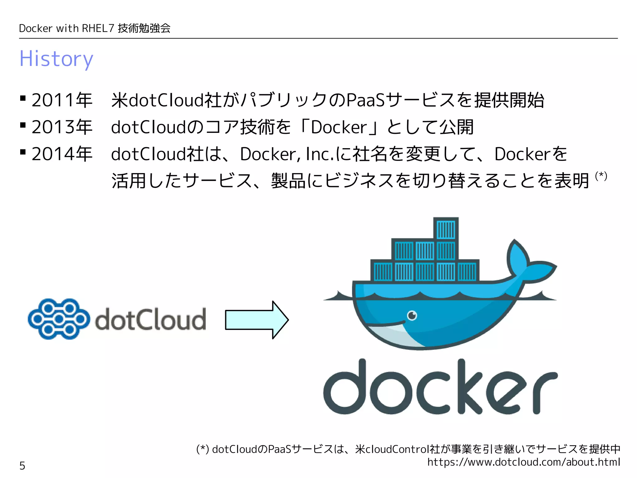 5
Docker with RHEL7 技術勉強会
History
 2011年　米dotCloud社がパブリックのPaaSサービスを提供開始
 2013年　dotCloudのコア技術を「Docker」として公開
 2014年　dotCloud社は、Docker, Inc.に社名を変更して、Dockerを
　　　　 活用したサービス、製品にビジネスを切り替えることを表明 (*)
(*) dotCloudのPaaSサービスは、米cloudControl社が事業を引き継いでサービスを提供中
　　https://www.dotcloud.com/about.html
 